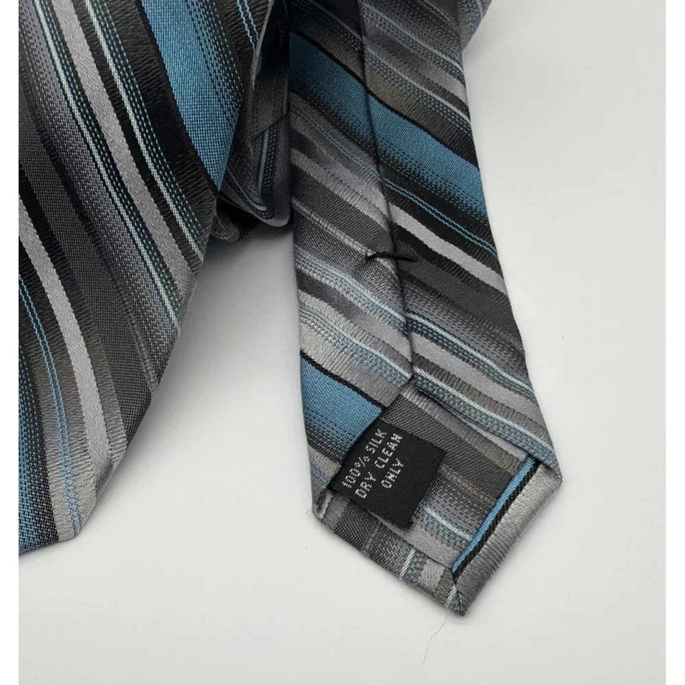 Pronto Uomo Mens Silk Tie Blue Silver Black Diagonal Striped Hand Made Necktie